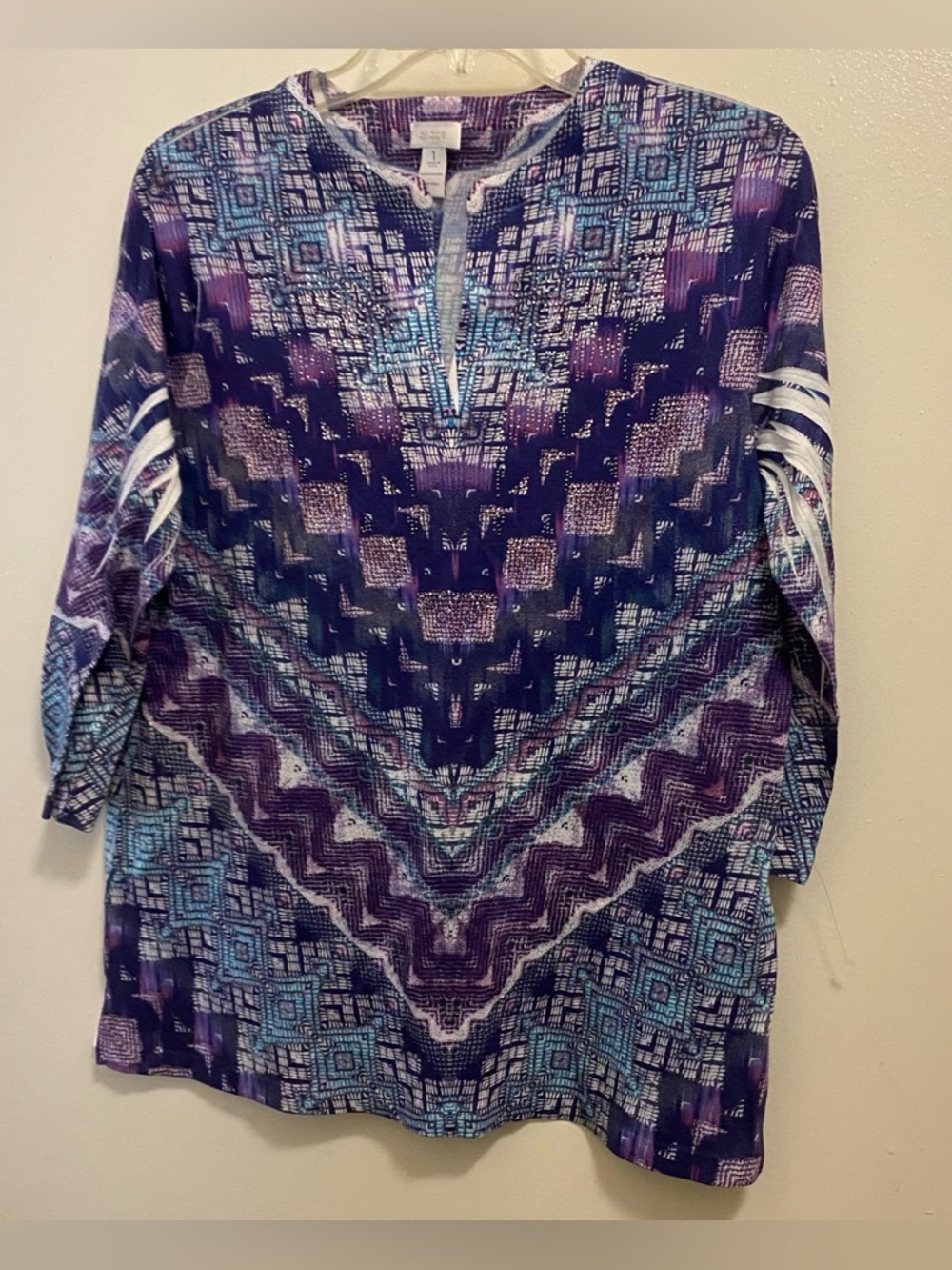 Chico’s Chicos Womens Top Blouse Size 1 M Medium 40” Boho Purple Navy Teal Print